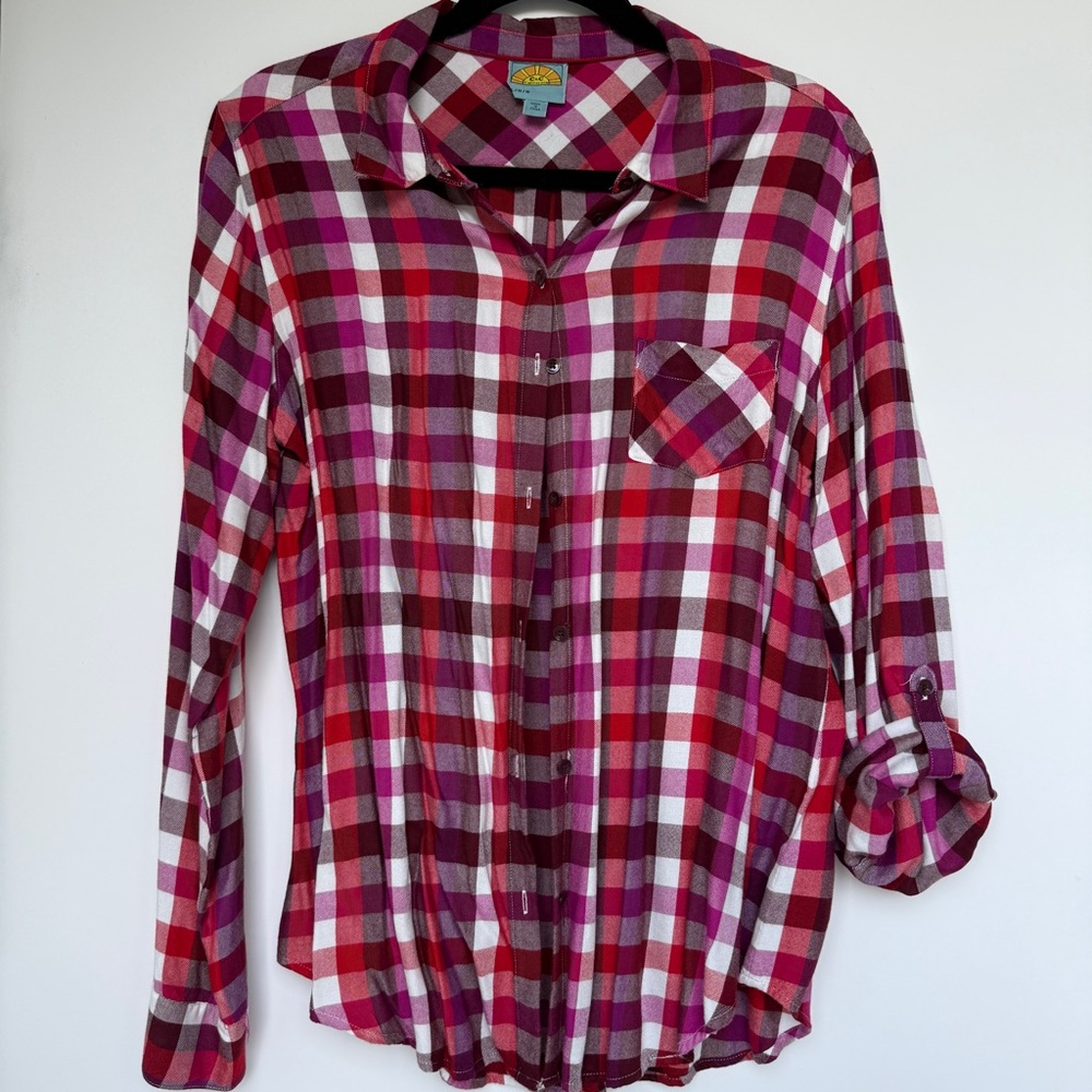 C&C California Red and Pink Plaid Button Down Roll-Tab Shirt